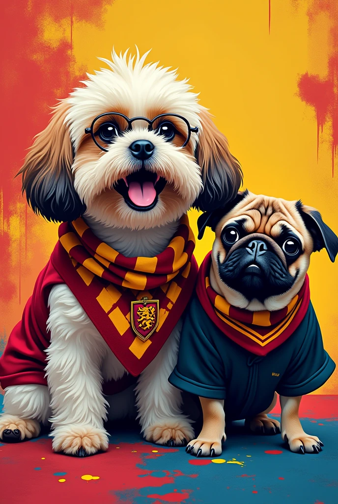 A pop art painting of a happy Shih Tzu dog dressed as Harry Potter along with another pug dog with the same theme 