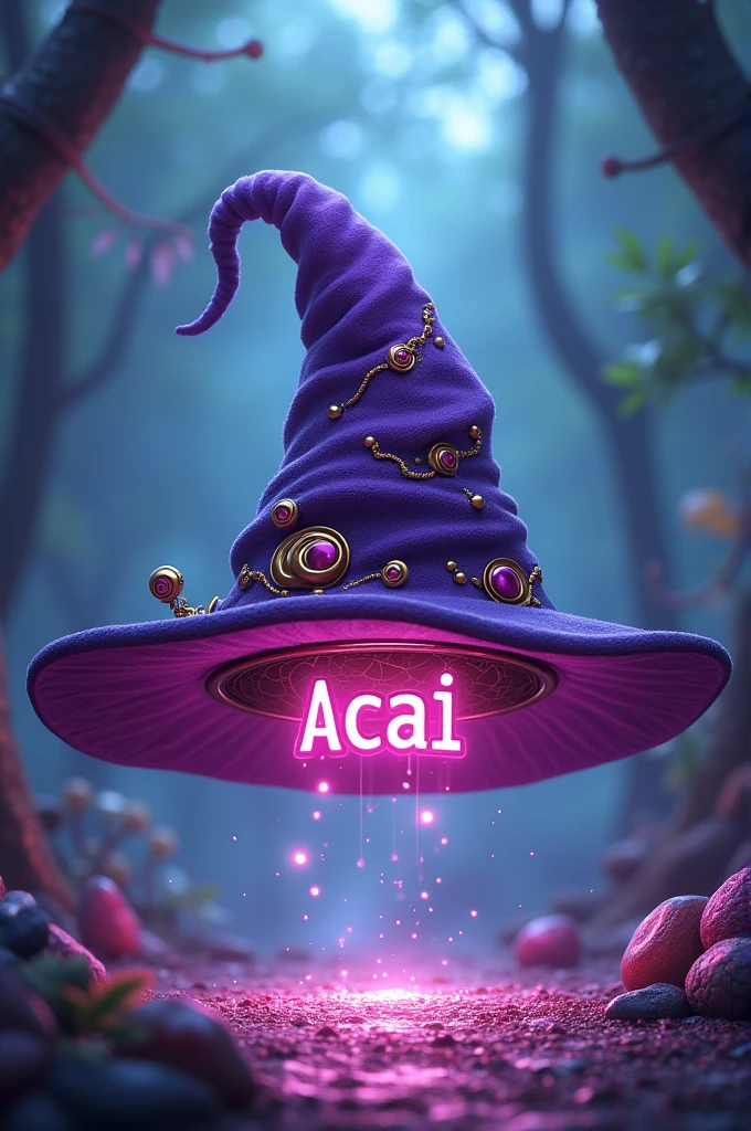 Create a drawing of a wizard's hat with the name acai groove at the bottom