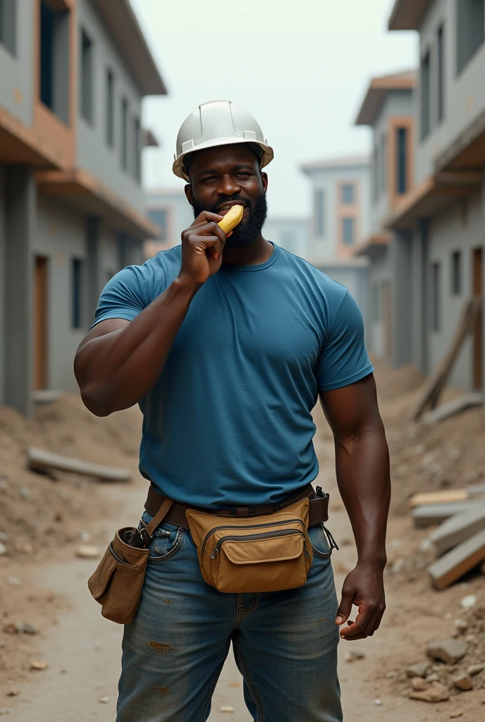 Black man in blue pants and t-shirt, white construction helmet and fanny pack eating a banana
