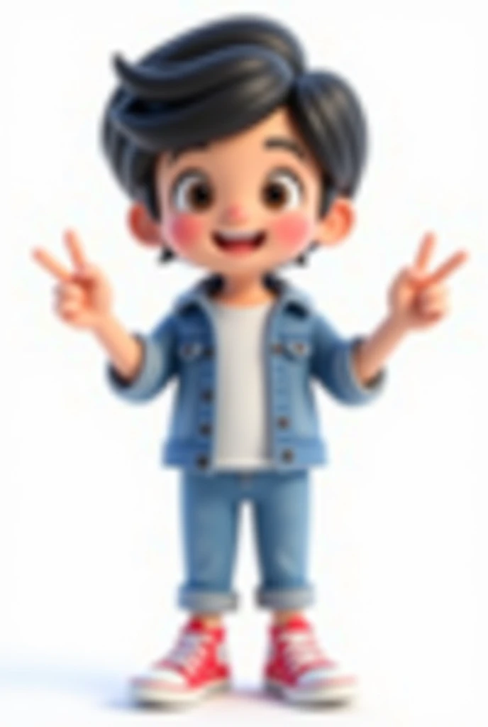 Cartoon 3d, short black hair, short black hair, white t-shirt, denim jacket and jeans, all star sneakers, making jewelry sign, transparent background
