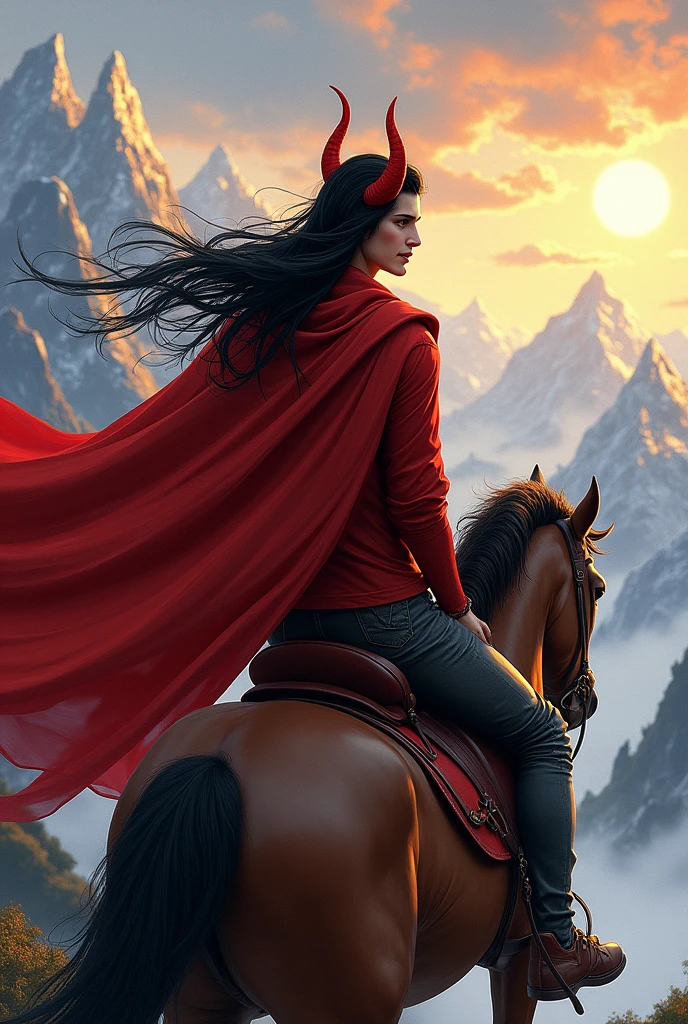 Devil on god's mission, impressionistic art with the handsome white male black haired devil with red horns and a mocking smile but gentle eyes on a horseback with his back facing the viewer but can still see slight sideview of his handsome face with mocking smile towards sunshine/goodness climbing on mountain tops