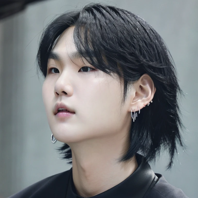 suga_lora1, Solo, male, long black hair, earrings, (masterpiece, ultra quality, high resolution), (detailed face), Young Korean man, 1boy, ((realistic)),