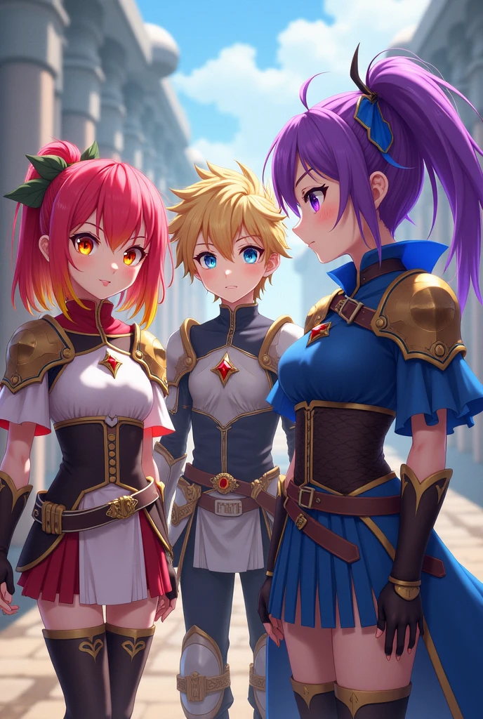 A 17 year old girl, with a height of 1.73cm, with straight red hair with yellow tips, orange eyes, a little bit dark and wearing armor An 18 year old boy, with a height of 1.80 cm, with short blonde hair, ojos color azul y vistiendo una armadura con cosas de explorador
A 17 year old girl, with a height of 1.69cm, with hair in a purple ponytail, Purple eyes and wearing armor combined with a wizard's outfit. It looks very epic. All anime style.
