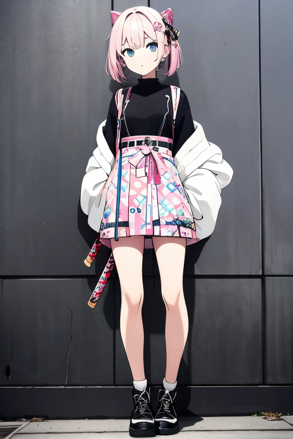 Girl, soft girl, fashion, urban, harajuku fashion, full body, katana sword