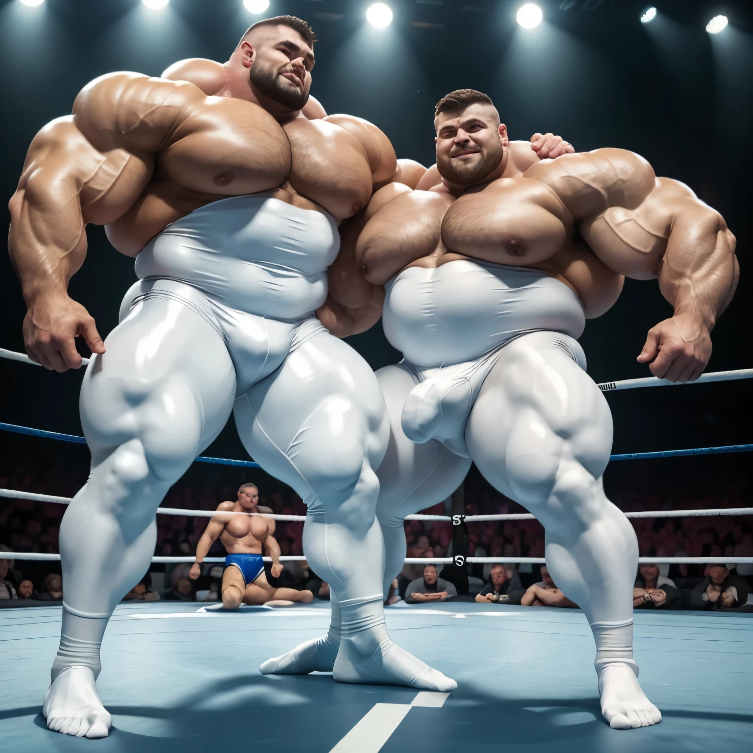 full view full body, Two different white very small but enlarged men, over-bodybuilded, over-inflated and over-muscled on steroids, stuffed like gorets, looking like muscle balloons, they are as wide as they are tall, blond with short undercut cuts, in shiny white latex skinsuits and white socks, fiercely wrestling in a wrestling ring in their white socks , no shoes There are spectators around