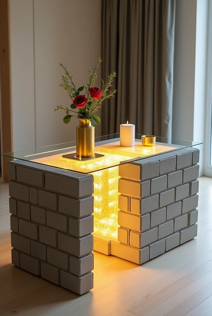 Handcrafted rectangular table featuring a reflective glass top that creates a stunning visual effect resembling an endless tunnel, illuminated from within by warm yellow LED lighting.. The sides are covered with a material that simulates the appearance of grey bricks with a three-dimensional texture.. The table is decorated with simple decorations such as small plants and a golden candlestick containing a red rose.. The table is placed on a light-colored wooden floor.. The table design combines simplicity and elegance with a touch of modernity, making it a distinctive piece of art in any room.