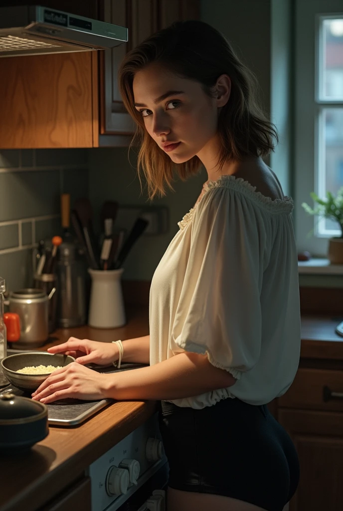 A European woman living in a dark village is in the small kitchen of her little house with her back turned, wearing a long, loose white blouse and black panties, She is on the kitchen counter tidying things up. ela tem cerca de 20 anos, has blue eyes, skin fair, A tired expression, but happy, shoulder length hair with highlights on the forehead. realisitic, portrait of the shin up.