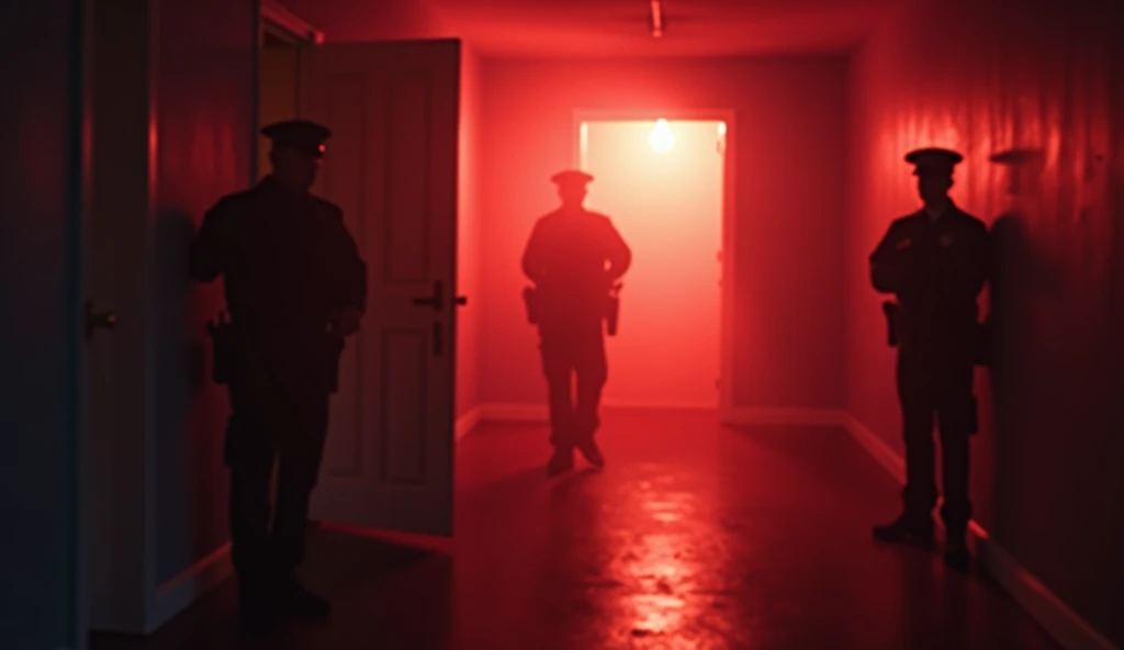 A basement door slightly ajar, with the faint outline of police officers waiting outside. The area is dimly lit, and the tension in the scene is thick. Blurry and in red and white.