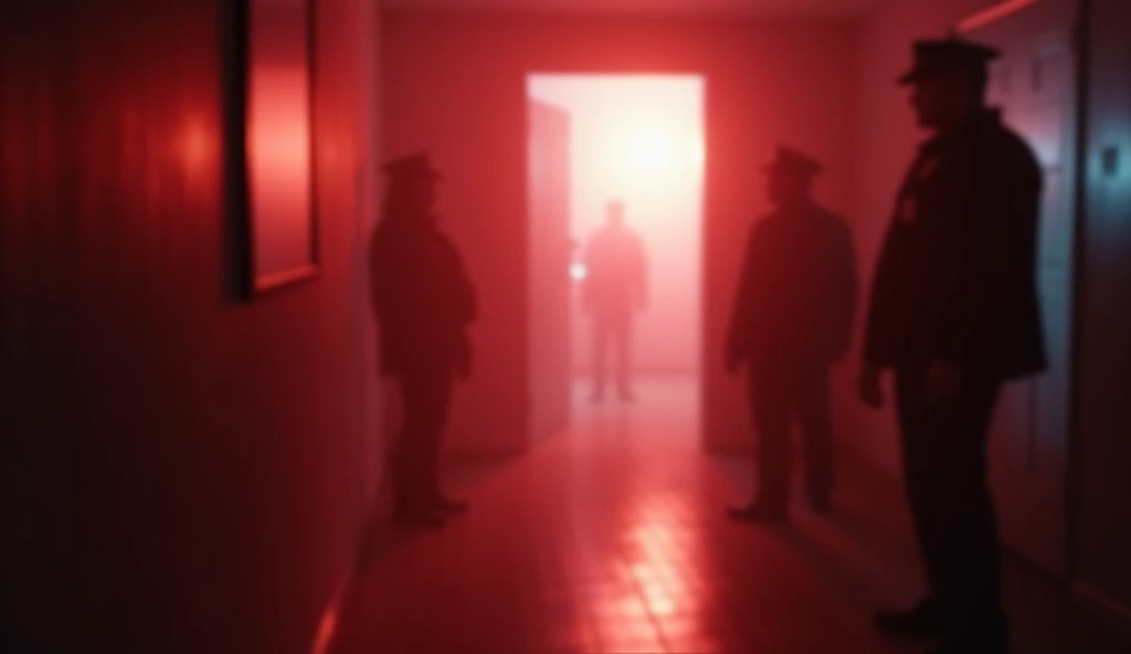 A basement door slightly ajar, with the faint outline of police officers waiting outside. The area is dimly lit, and the tension in the scene is thick. Blurry and in red and white.