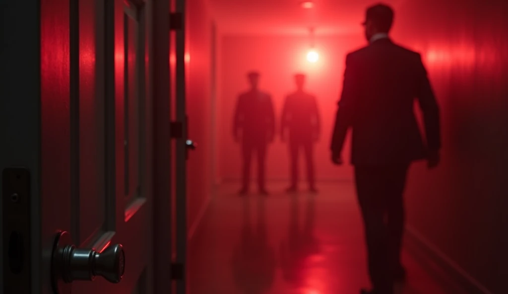 A basement door slightly ajar, with the faint outline of police officers waiting outside. The area is dimly lit, and the tension in the scene is thick. Blurry and in red and white.