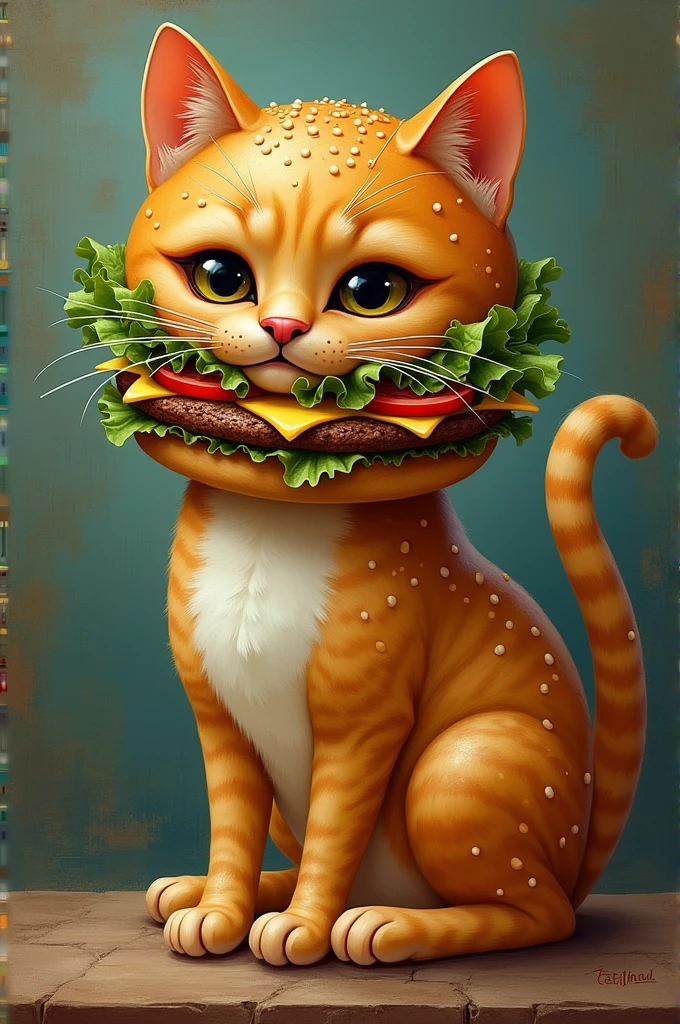 The Cat Burger Description: Inspired by the famous Gato del Río monument in Cali, This character is a cat whose head is a hamburger. The cat's body can be stylized with details of the burger ingredients., and could be sitting in an elegant pose.
visual style: Artistic and cultural, with a mix of modern and traditional. The character may have expressive eyes, mustaches made from bacon strips, and a tail that curves elegantly.