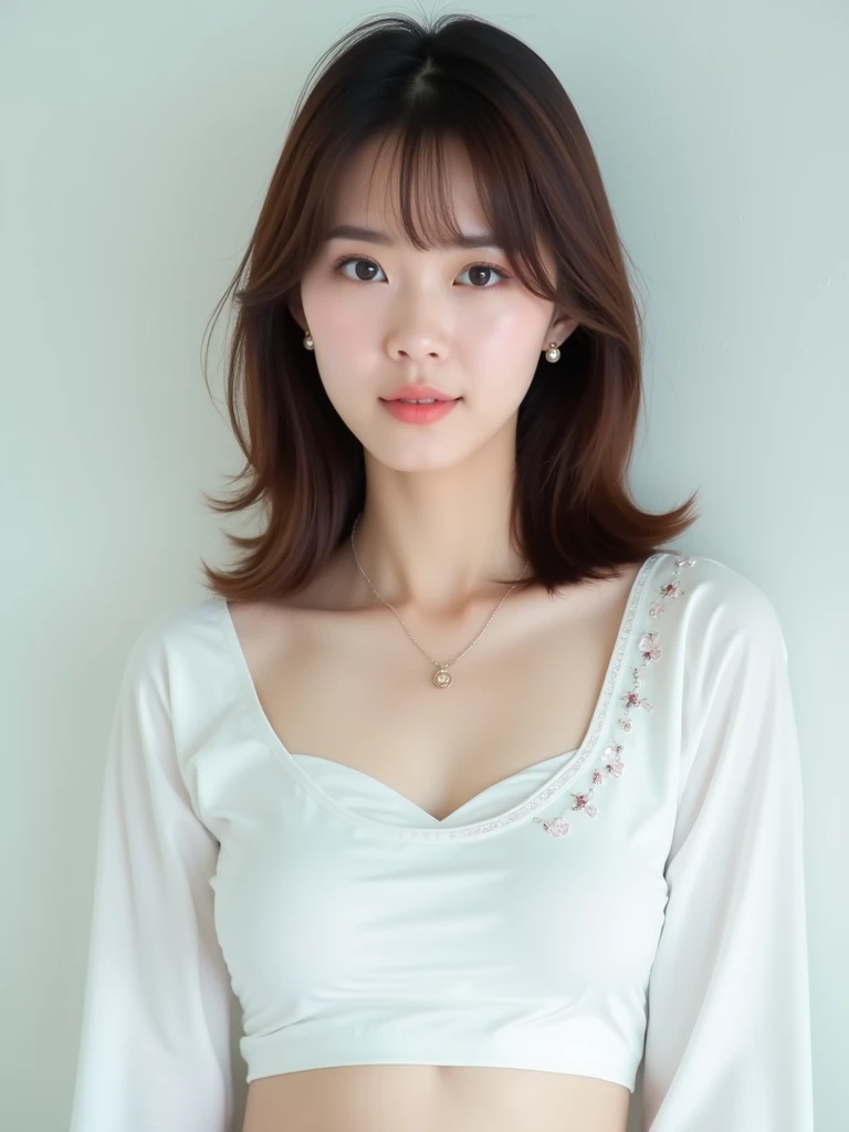 a portrait-style photograph featuring a gorgeous Asian woman with light skin and straight, shoulder-length brown hair with bangs. She is wearing a white, long-sleeved top with a cropped design, revealing a small portion of her midriff. The top has subtle embroidered details on the left side. She accessorizes with a delicate necklace featuring a small pendant and matching earrings. The background is plain and light-colored, which keeps the focus on the subject. Her expression is neutral, and she is looking directly at the camera.