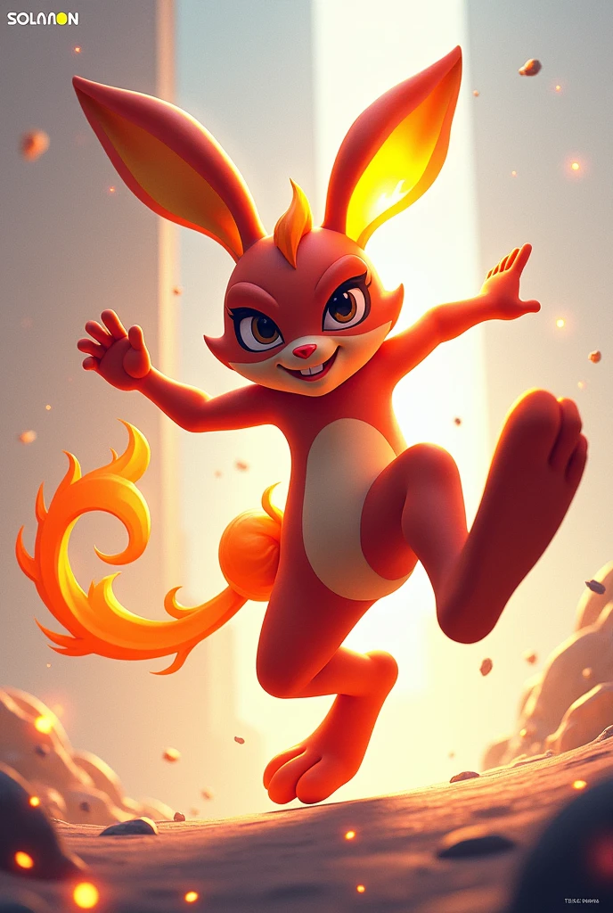 Design a 3D stylized illustration for 'Inferno,' a rabbit-like creature with fire elemental powers, in a swift, skillful pose. The art style should be consistent with the modern, sleek design of the SOLMON logo, featuring bold lines and a vibrant color palette. Inferno should be depicted mid-dash, with flames streaming from its body as it executes a fiery kick. The background should feature minimalistic digital sparks and cosmic elements, ensuring a clean, balanced, and visually engaging composition.