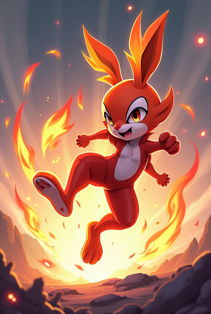 Design a 3D stylized illustration for 'Inferno,' a rabbit-like creature with fire elemental powers, in a swift, skillful pose. The art style should be consistent with the modern, sleek design of the SOLMON logo, featuring bold lines and a vibrant color palette. Inferno should be depicted mid-dash, with flames streaming from its body as it executes a fiery kick. The background should feature minimalistic digital sparks and cosmic elements, ensuring a clean, balanced, and visually engaging composition.
