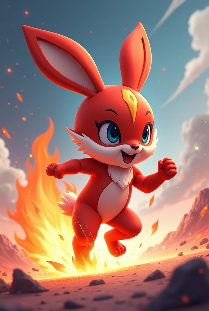 Design a 3D stylized illustration for 'Inferno,' a rabbit-like creature with fire elemental powers, in a swift, skillful pose. The art style should be consistent with the modern, sleek design of the SOLMON logo, featuring bold lines and a vibrant color palette. Inferno should be depicted mid-dash, with flames streaming from its body as it executes a fiery kick. The background should feature minimalistic digital sparks and cosmic elements, ensuring a clean, balanced, and visually engaging composition.