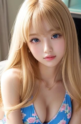 Bright expression、Photorealism、Highest quality、Ultra-high resolution、picture、北欧生まれのbeautiful少女の写真、非常にbeautiful少女、細部まで可愛くbeautiful幸せな顔、(((とてもエレガントでbeautiful、Perfect detail、Very detailed)))、((whole body、Spread your legs、Seductive pose))、(Pure Eros Face_v1:0.008)、beautiful bangs、Alice in Wonderland、、Glowing White Skin、Facial hair、Bangs on the face、Bangs between the eyes、Super long hair、Attractive bright natural platinum blonde super long straight silky highlighter hair、High resolution eyes、beautiful、 Bright and clear、Big bright blue eyes sparkle with charm、(Floral print one piece school swimsuit(Gloss))、eyeliner、double eyelid、Ample medium semi-nude bust、Cleavage、完璧なbeautiful若い体、Perfectly balanced body、Going to bed、Sleep on your back、sprawl、Lie、Lie on your back、sexy、