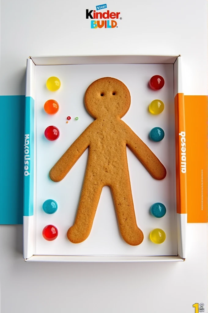 create a box that contains a single, large silhouette-shaped cookie with arms and legs and that contains several separate colored gummies, can customize the cookies with the gummies as you wish. This product is from the Kinder brand., and add his name to the package ˜kinder build, where the box will have a white background, and details in the colors #ef5024 e #43addb.