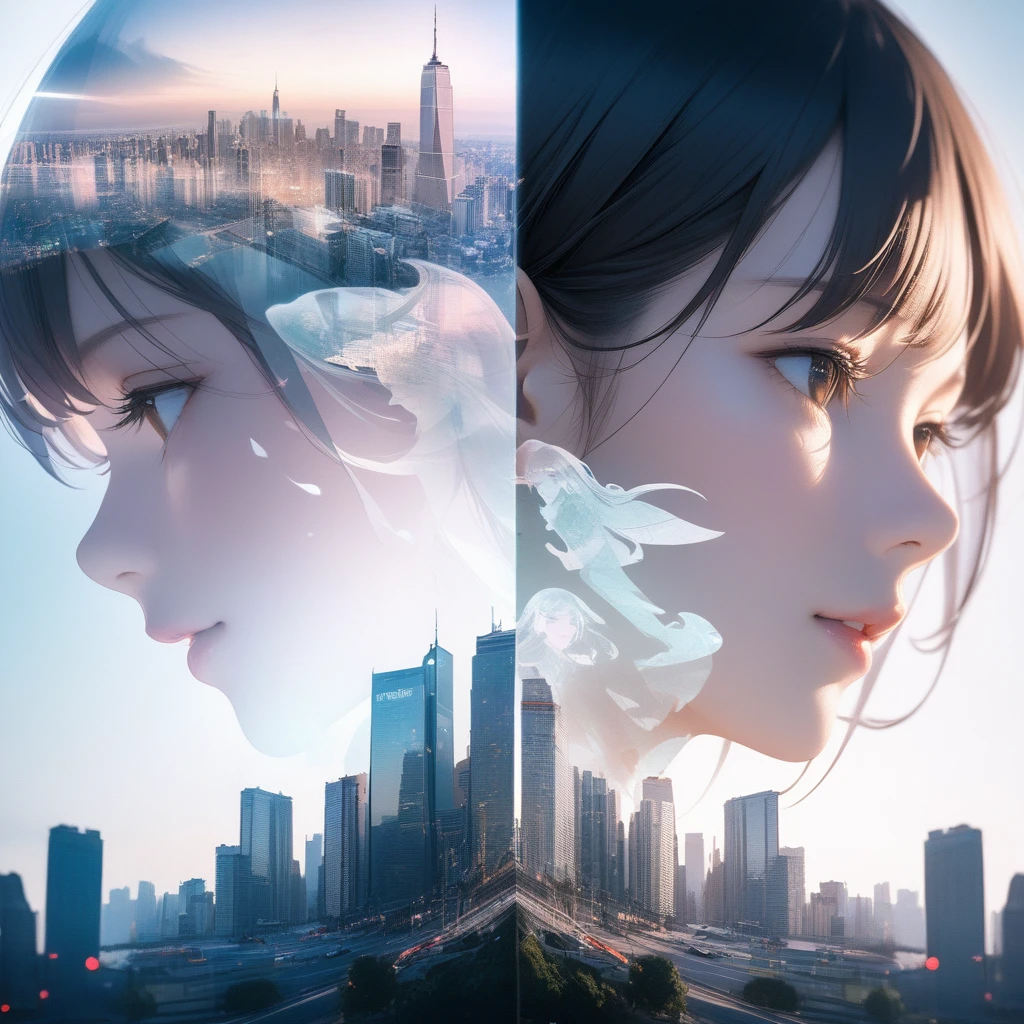 Double Exposure Style,a city skyline on the woman face,double image ghost effect,image combination,double exposure style,1girl,, (masterpiece,best quality,ultra-detailed,very aesthetic, absurdres)
