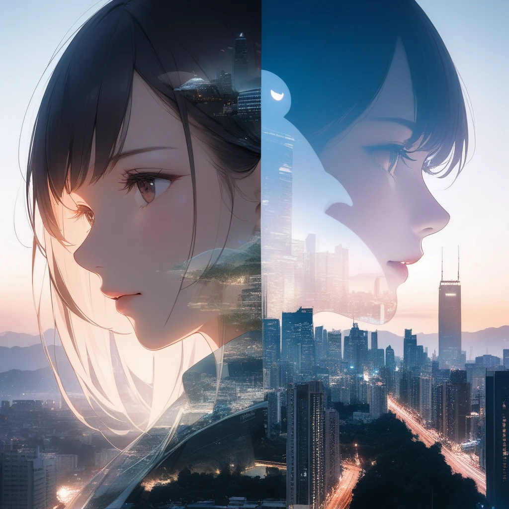 Double Exposure Style,a city skyline on the woman face,double image ghost effect,image combination,double exposure style,1girl,, (masterpiece,best quality,ultra-detailed,very aesthetic, absurdres)