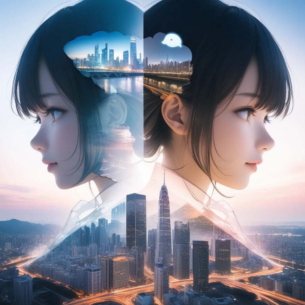 Double Exposure Style,a city skyline on the woman face,double image ghost effect,image combination,double exposure style,1girl,, (masterpiece,best quality,ultra-detailed,very aesthetic, absurdres)