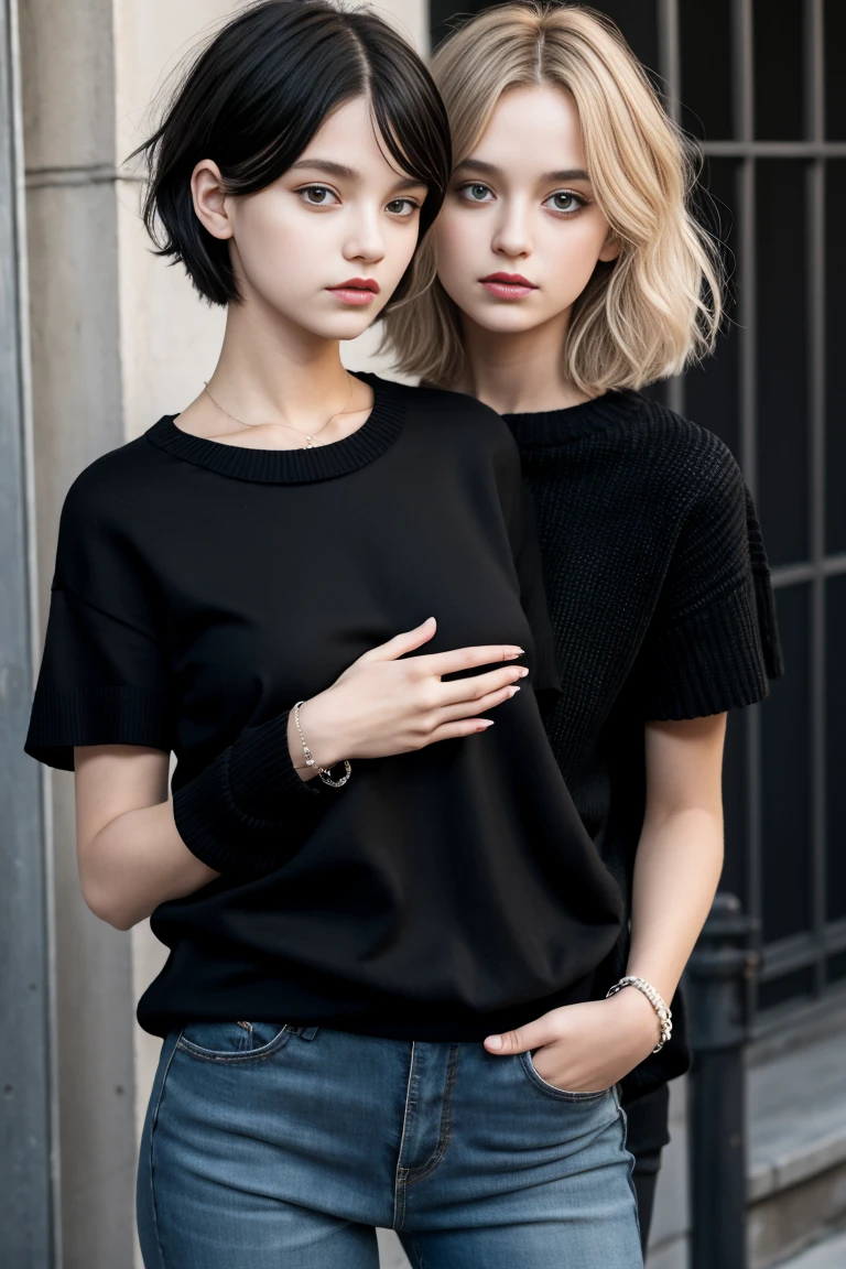 deux femme française ensemble sexy et mince de 18 ans menotté ,,emo girl, black short sleeve sweater, Realistic,
