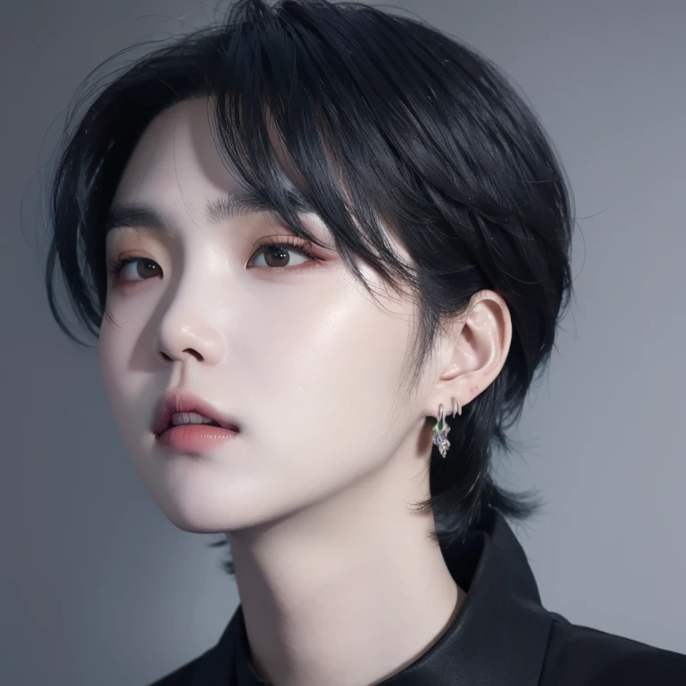 suga_lora1, Solo, male, long black hair, earrings, (masterpiece, ultra quality, high resolution), (detailed face), Young Korean man, 1boy, ((realistic)),