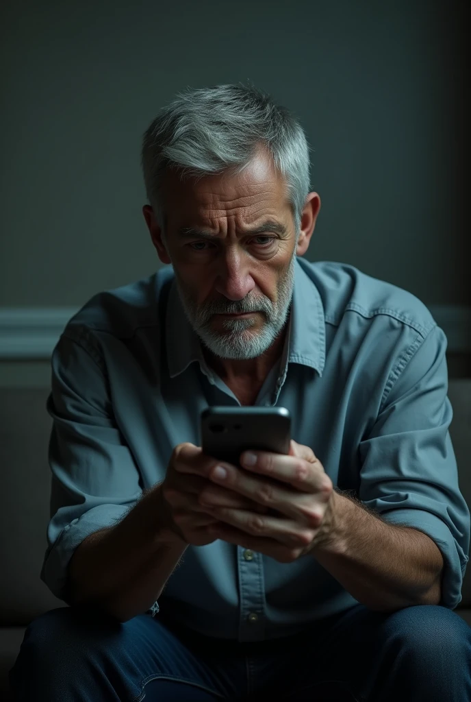 Sad man holding a phone