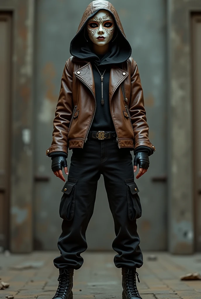 female
dolllike theatre mask covering the whole face 
brown leather jacket with hood on the head
black cargo pants 
black boots
black fingerless gloves