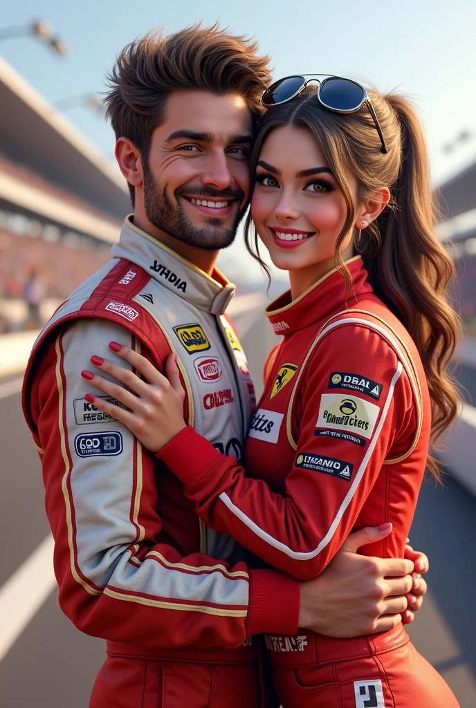 (photorealism:1.2), A smiling racing driver posing with a grid girl, both smiling for the camera. The grid girl wears a colorful racing suit and the driver wears his official racing suit. The driver's hand rests on the grid girl's hip, with a playful and affectionate gesture, slightly lower than usual.