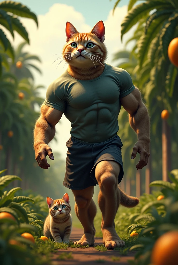 The scene shifts to a muscular, bodybuilder cat wearing a t-shirt and shorts. He has a determined and concerned expression on his face as he searches the mango field. He spots the cage with his kitten inside from a distance, his eyes widening in shock and anger.