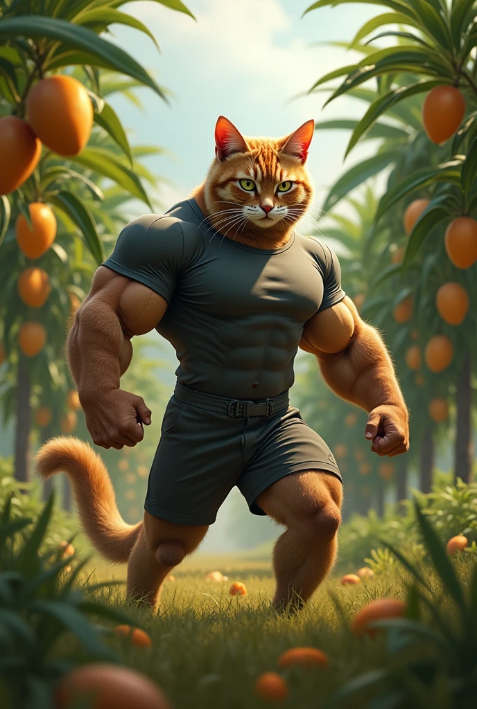 The scene shifts to a muscular, bodybuilder cat wearing a t-shirt and shorts. He has a determined and concerned expression on his face as he searches the mango field. He spots the cage with his kitten inside from a distance, his eyes widening in shock and anger.