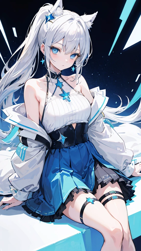 An anime-style female character with light silver hair tied into twin long ponytails and yellow headband. She has bright blue eyes and a gentle, slightly shy expression. The character is dressed in a white off-shoulder dress with white and blue accents, including a star-shaped pendant around her neck. The dress has long, loose sleeves and a short skirt. She wears a black thigh strap on her right leg. The background shows a ice castle, reflective floor with blue and metallic tones. The character is sitting on the edge of a platform or step,  .absurdres, high res, ultrasharp, 8K, masterpiece, looking at viewer