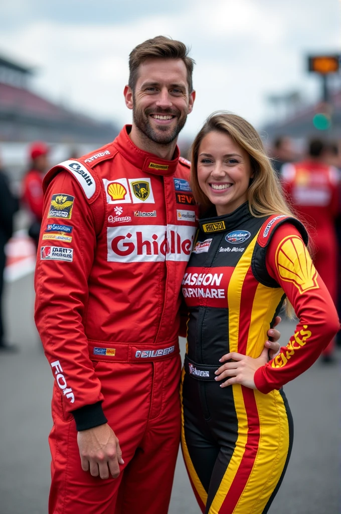 A smiling racing driver posing with a grid girl, both smiling for the camera. The grid girl wears a colorful racing suit and the driver wears his official racing suit. The driver's hand rests on the grid girl's hip, with a playful and affectionate gesture, slightly lower than usual.