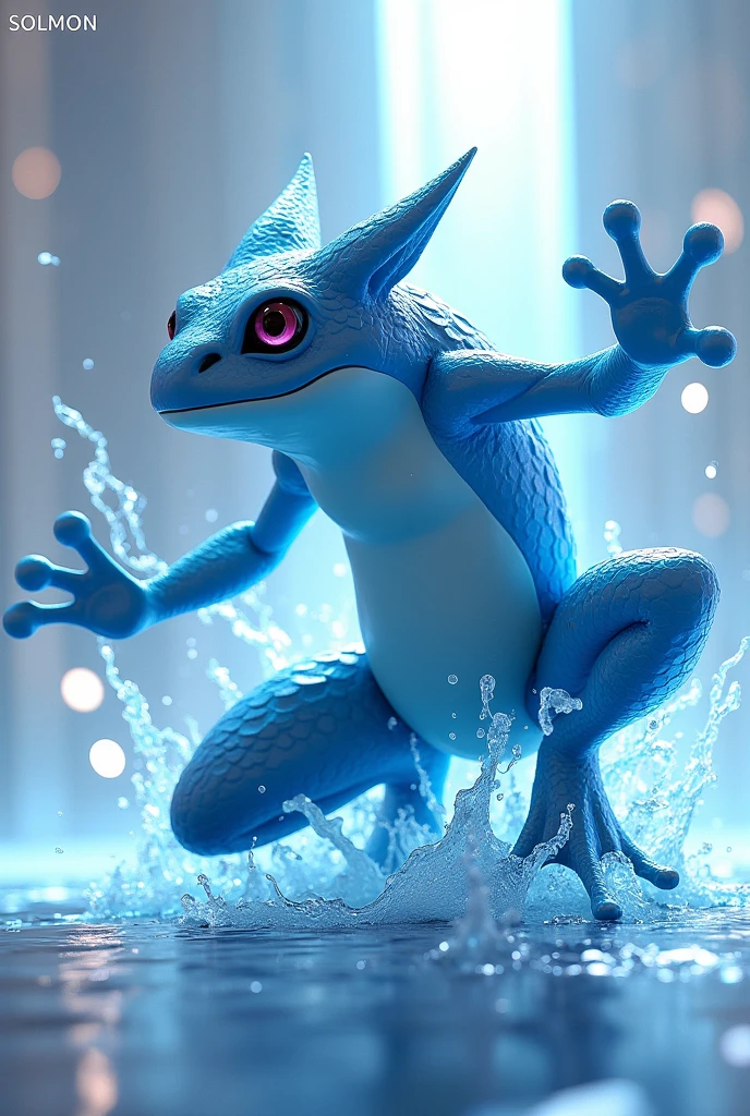 Design a 3D stylized illustration for 'Aqualis,' a frog-like creature embodying the water element, in a dynamic splashing pose. The art style should reflect the sleek, modern aesthetic of the SOLMON logo, with bold lines and fluid movements. Use a cool color palette with glowing blue accents to emphasize Aqualis's aquatic nature, incorporating water droplets and ripples around its body as it prepares to launch a powerful water jet. The background should feature minimalistic digital waves and cosmic elements, creating a clean yet powerful composition that captures both the agility and strength of the character.