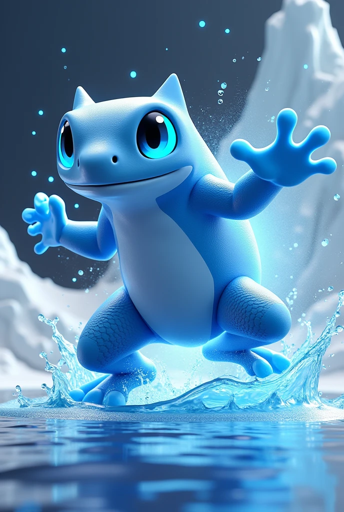 Design a 3D stylized illustration for 'Aqualis,' a frog-like creature embodying the water element, in a dynamic splashing pose. The art style should reflect the sleek, modern aesthetic of the SOLMON logo, with bold lines and fluid movements. Use a cool color palette with glowing blue accents to emphasize Aqualis's aquatic nature, incorporating water droplets and ripples around its body as it prepares to launch a powerful water jet. The background should feature minimalistic digital waves and cosmic elements, creating a clean yet powerful composition that captures both the agility and strength of the character.
