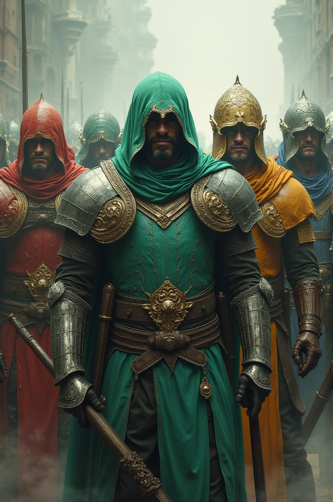 9 Warriors with Green armor, sea blue, rot, orange, baby blue, Plata, offwhite, verde forte e marron