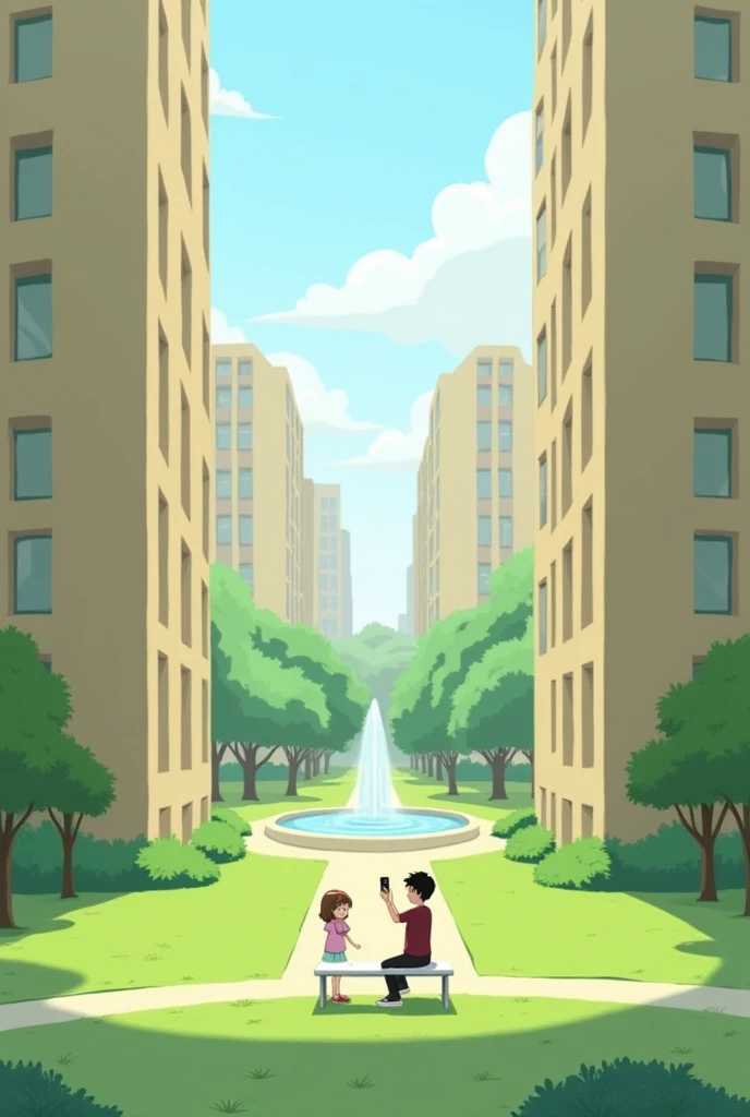 Image of two tall building of color beige and should be separated by spaces more in between. The floor should be filled with green grass.Add a white park bench in the middle and a fountain behind bench and skies and other buildings not related to front buildings should be visible in between the building . The path should be circular. Add a girl and boy. Girl is standing wearing pink white t shirt and a pant and standing in front of the boy only backside of her is shown and boy is sitting in that white bench Filming her with his phone and he is wearing maroon tshirt and a pant