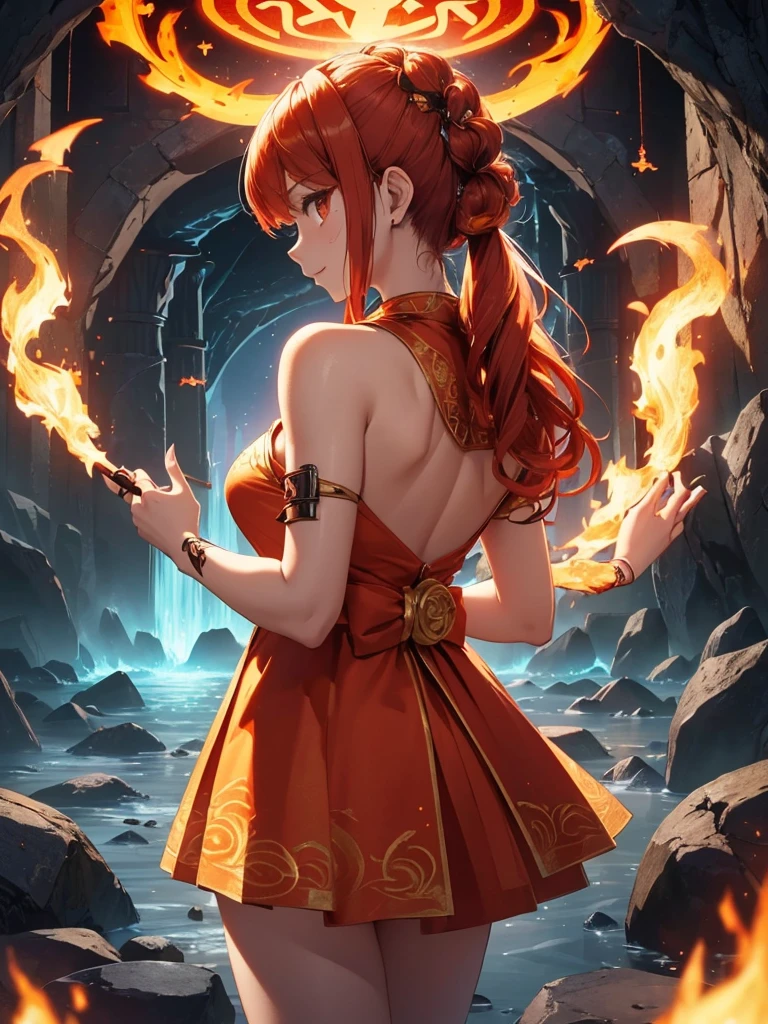 (((best quality, sharp image, clear image, cinematic lighting, 8k resolution, masterpiece, ultra detailed, intricate))) Girl, (((looking over shoulder))), shot from behind, ((half shot)), fire mage, cute, fiery red hair, pigtails in hair, (intricate dress), (white dress), ribbons in hair, smiling, fiery red, ((intricate Portal background)), ((fire magic)), candles, ((glowing runes on skin)), (flame patterns), ((fiery lotus flowers)), busy background., ((fire sigils)), (rock formations), lavafalls
