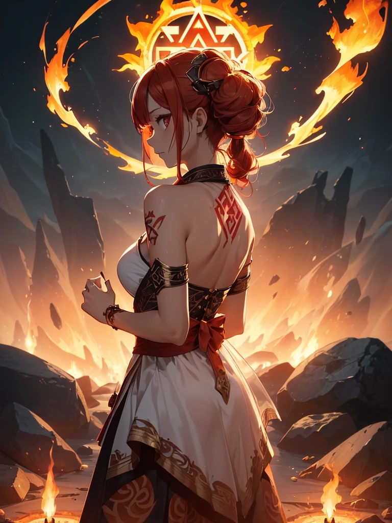 (((best quality, sharp image, clear image, cinematic lighting, 8k resolution, masterpiece, ultra detailed, intricate))) Girl, (((looking over shoulder))), shot from behind, ((half shot)), fire mage, cute, fiery red hair, pigtails in hair, (intricate dress), (white dress), ribbons in hair, smiling, fiery red, ((intricate Portal background)), ((fire magic)), candles, ((glowing runes on skin)), (flame patterns), ((fiery lotus flowers)), busy background., ((fire sigils)), (rock formations), lavafalls