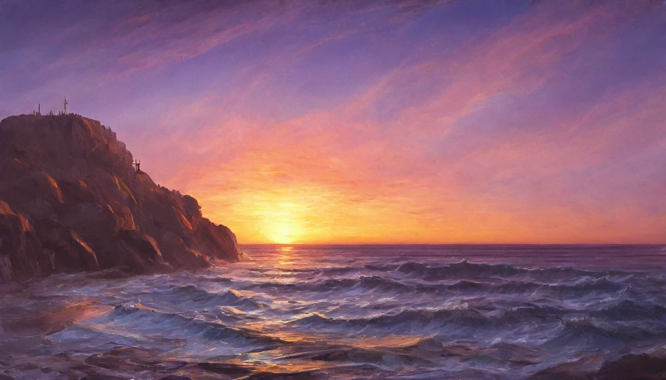 (best quality, masterpiece:1.2), A beautiful sunset over an ocean, golden, pink and purple hues, exquisite, painterly, realistic painting, light painting, beautiful, breathtaking
