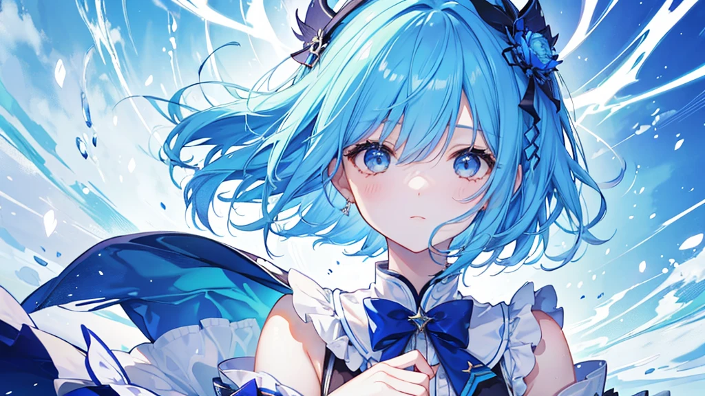 Idol girl with short blue hair。His face is shining。