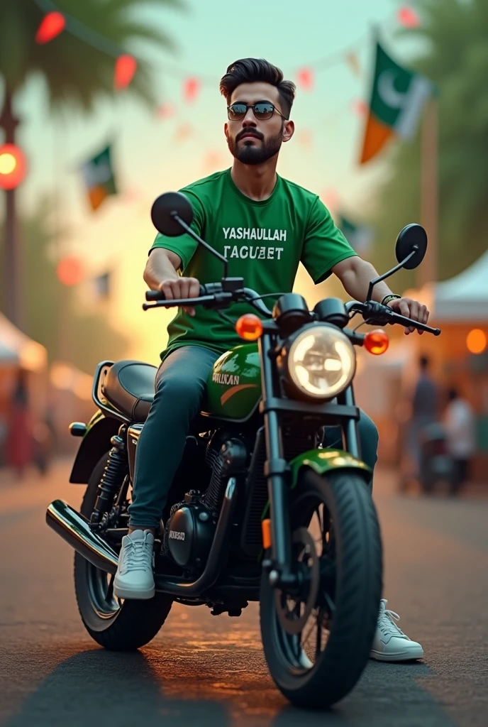 A virtual male sitting on a motorcycle and wearing a green shirt with his name YASHAULLAH on his shirt and the background of independence day of Pakistan.