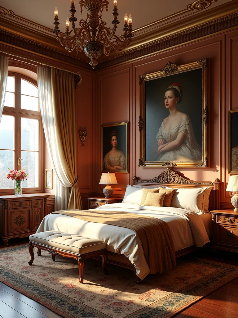 Russian-style bedroom with a soft bed, a coffee table, bedside tables, vases, hanging paintings, dressing table, square glass windows, wooden furniture, wardrobes, intricate carvings, and oil paintings. Warm colors, award-winning masterpieces with incredible detail, large windows