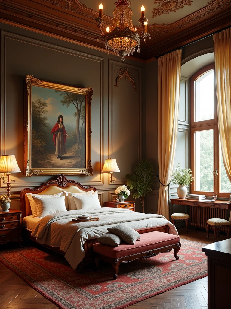 Russian-style bedroom with a soft bed, a coffee table, bedside tables, vases, hanging paintings, dressing table, square glass windows, wooden furniture, wardrobes, intricate carvings, and oil paintings. Warm colors, award-winning masterpieces with incredible detail, large windows