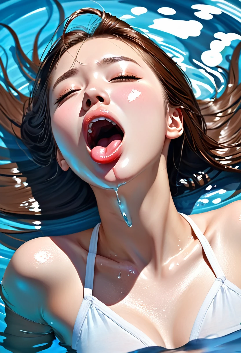 close up，HD，（Better drawing detail），Excellent image quality，（more details），Fine，High-quality masterpiece，Girl，Lie on me，Look up to me，Elongated hair，Ruddy skin，Cleaning the collarbone，The clothes slipped down.，Water stains，Wearing sweats，saliva，（Absurd big mouth，Extended tongue，Head close up，The head is intact，（（More delicate oral）），（uvula）（tonsil）（（throat）），（saliva），（（Heavy breathing）），（uvula），（Loose clothing））