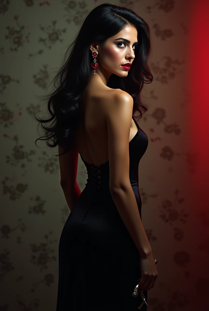 Young latin woman in elegant long black dress, ruby earrings, Bblack hair, furiosa segurando um small dagger, She has her back , just show her from behind holding 1 one ((small dagger))
looking at the victim