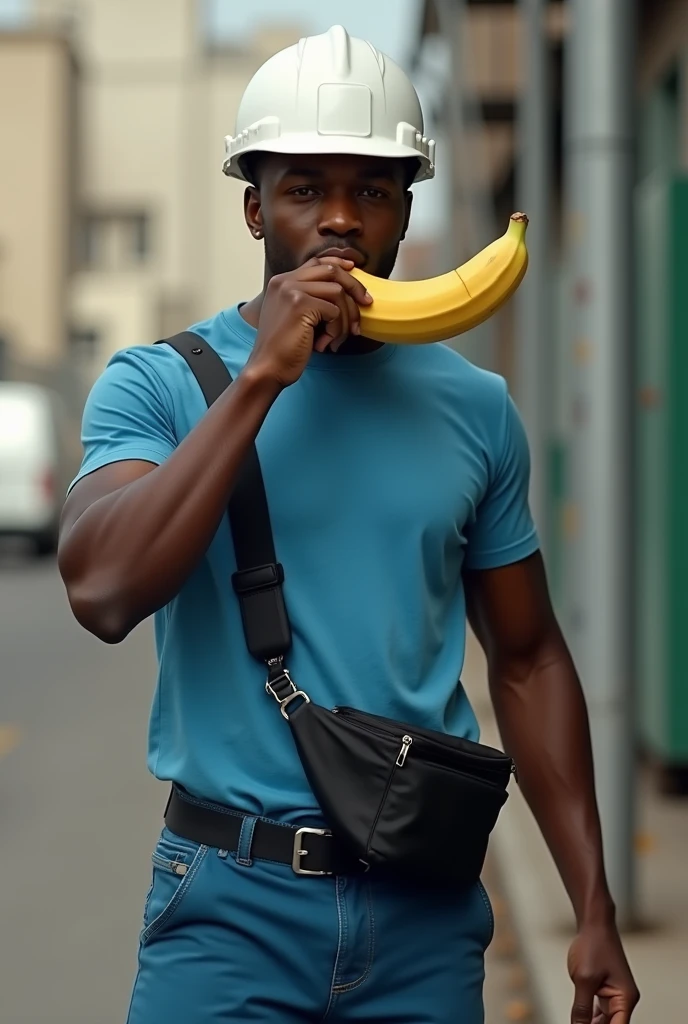 Black man wearing blue pants and t-shirt, white construction helmet and black fanny pack eating a large banana