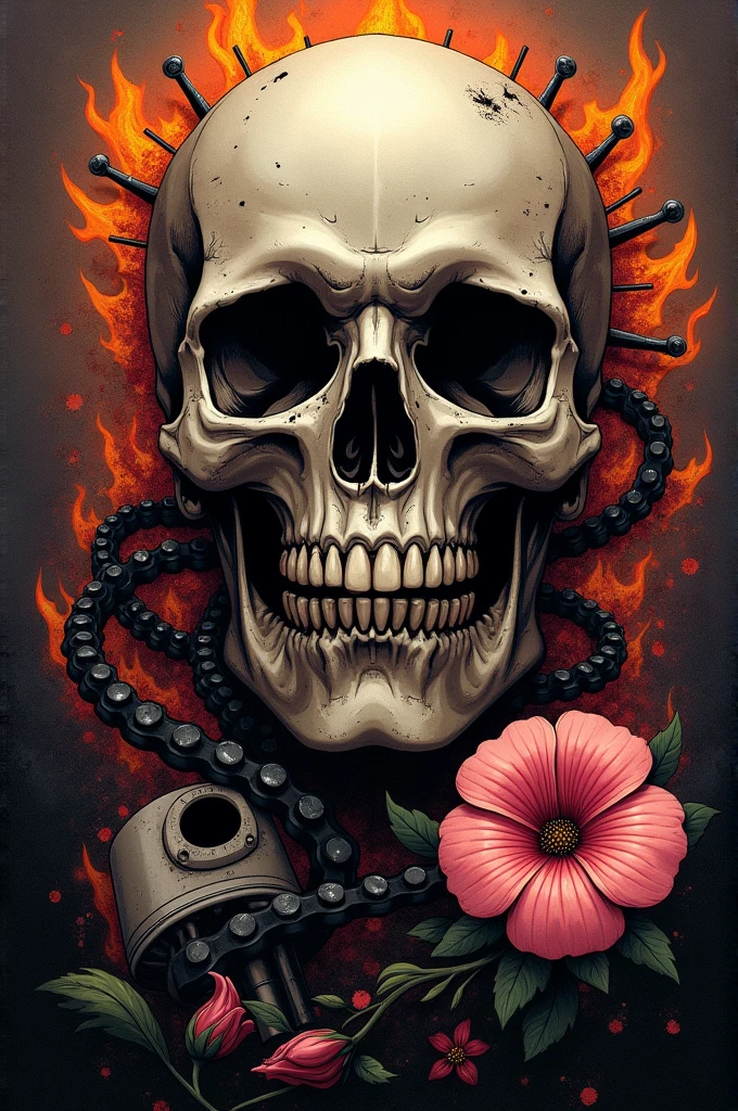moto, skull, pink flower, fire, piston, chain, Logo, 
