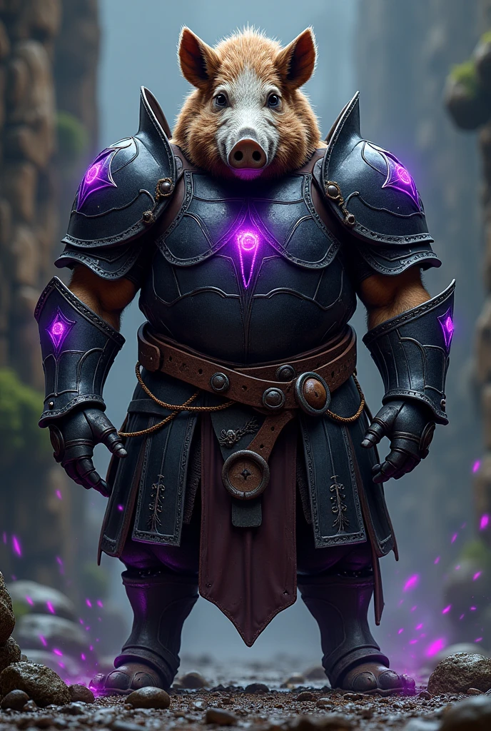 Draw a boar without a hump, where there is a horse saddle to sit on, the boar must be large and muscular with caramel and brown fur, a suit of black armor with purple glowing details all over the tusked combat boar half "broken" is "light gray skull" on top of the boar&#39;s armor. the armor must appear to be medieval and its details shiny , deaque in the purple details that should be bright. as if it were a magical animal.