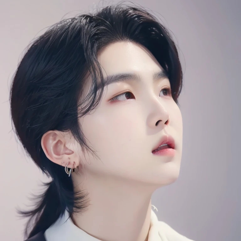 suga_lora1, Solo, male, long black hair, earrings, (masterpiece, ultra quality, high resolution), (detailed face), Young Korean man, 1boy, ((realistic)),